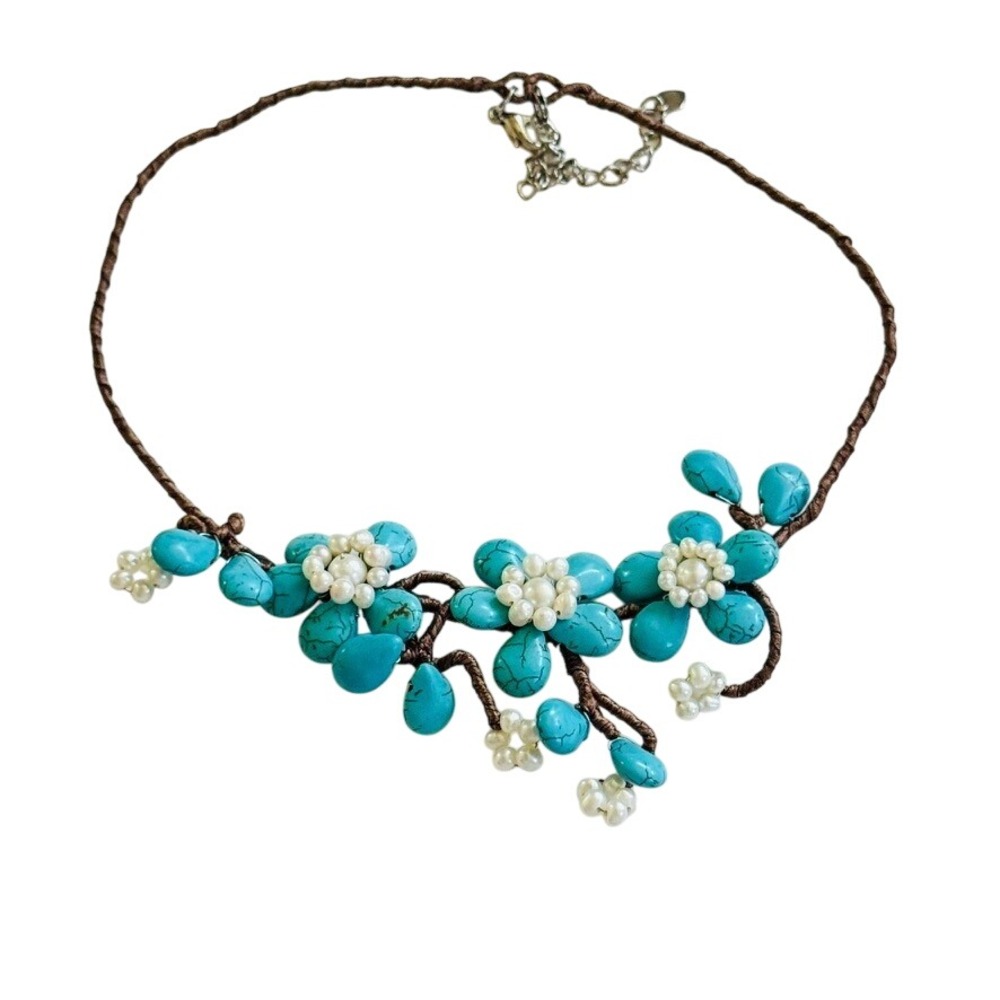 VTG Flower beaded Necklace Freshwater Pearl blue Turquoise Wired Collar Rare 20"